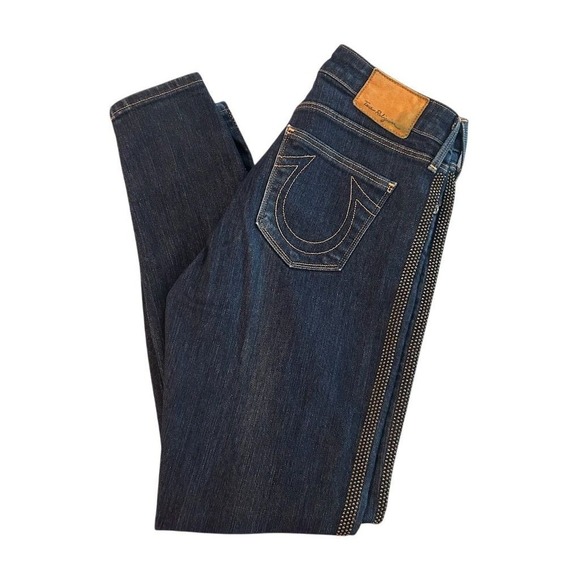 True Religion Womens Jeans Sz 28 Rhinestone Embellished Super T Stitch Skinny - Picture 1 of 16
